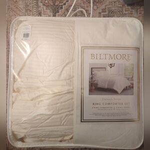 Biltmore damask Stripe Egyptian Cotton Ivory Comforter Set And 2 King Shams New
